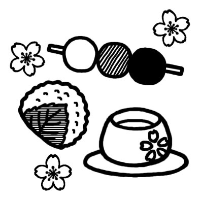 花よりだんご お花見 春の季節 4月の行事 無料 白黒イラスト素材