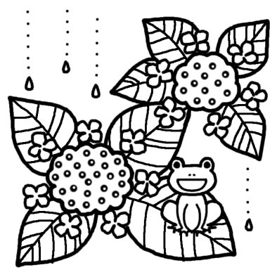 カエルとアジサイ 梅雨 夏の季節 6月の行事 無料 白黒イラスト素材
