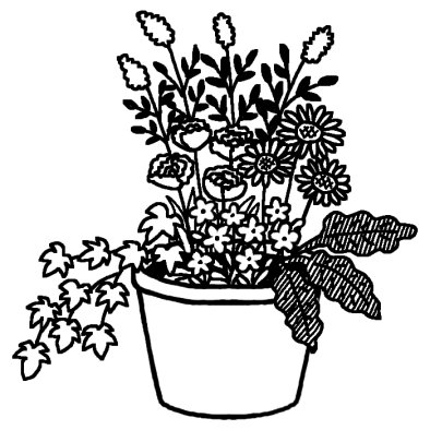 寄せ植え3 鉢植え 花 無料 白黒イラスト素材