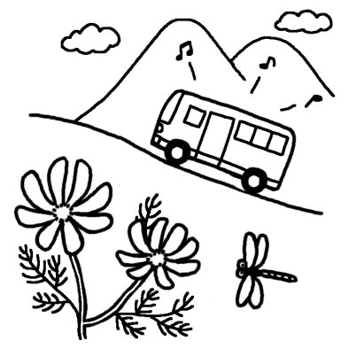 バス遠足 秋の遠足 春の行事 保育 無料 白黒イラスト素材