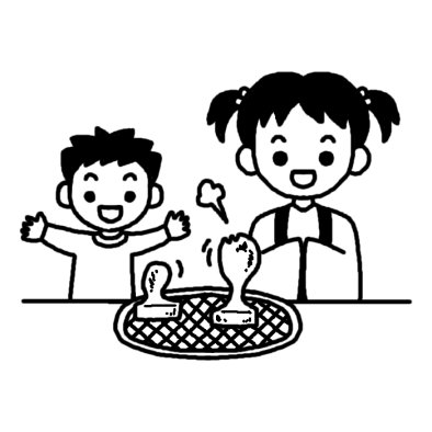 おもち焼けたよ 冬休み 冬の行事 学校 無料 白黒イラスト素材